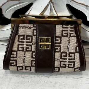 Givenchy Vintage Brown Monogram Coin Purse Pouch Brown Canvas & Leather Gold